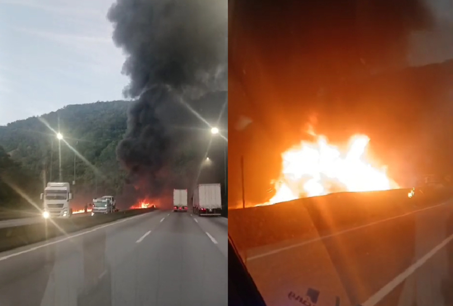 Motorista morre carbonizado após caminhão tombar e pegar fogo na BR-376, em Guaratuba